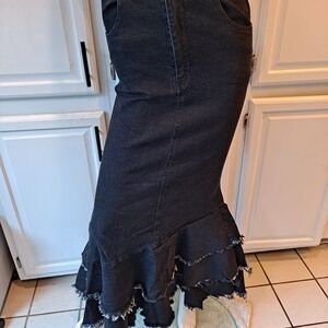 TOV Los Angeles 38 Black Cotton Denim Flounced Mermaid Ruffled Maxi Skirt